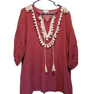 UMGEE Boho Medium Crocheted Tassel Cotton Gauze Tunic Mini Dress Mauve Lined